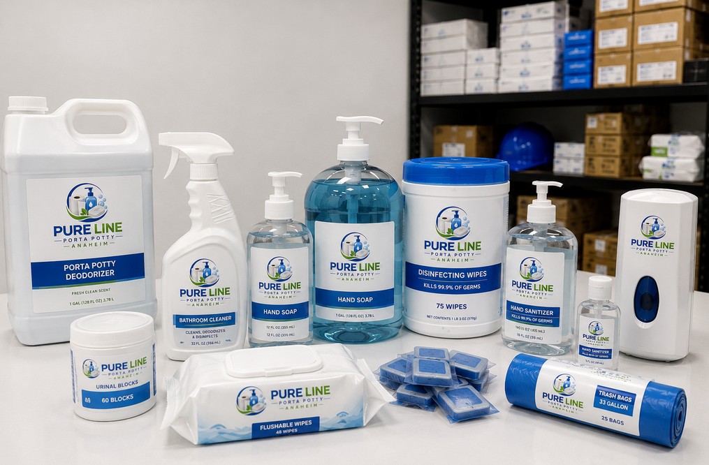 The Pure Line toiletries range stocked in every rental — hand soap, sanitiser, disinfecting wipes, deodoriser, urinal blocks, and trash bags
